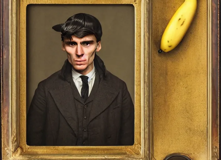 Image similar to thomas shelby in the form of a banana, lowbrow, matte painting, 3 - d highly detailed, in the style of mark ryden,