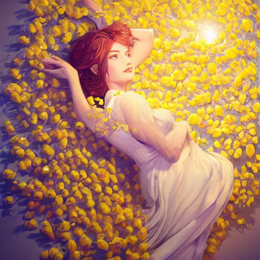 Image similar to the portrait of an absurdly beautiful, graceful, elegant, sophisticated, young teen girl made up of lemons looking up, an ultrafine hyperdetailed illustration by kim jung gi, irakli nadar, intricate linework, bright colors, octopath traveler, final fantasy, unreal engine 5 highly rendered, global illumination, radiant light, detailed and intricate environment