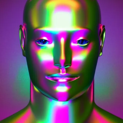 Image similar to 3d render of holographic human robotic head made of glossy iridescent, surrealistic 3d illustration of a human face non-binary, non binary model, 3d model human, cryengine, made of holographic texture, holographic material, holographic rainbow, concept of cyborg and artificial intelligence