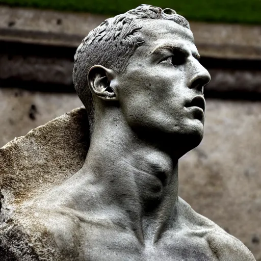 Prompt: A ancient stone bust of Cristiano Ronaldo is found raising time-travel concerns