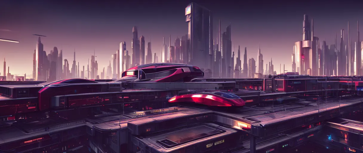 Prompt: futuristic city center with maglev train station in background, modern landscape architectural design for industrialpunk concrete and glass, maroon metallic accents, gorgeous lighting, golden hour, cyberpunk, 2077, dramatic lighting and composition, photography, 8k, origin 100i, star citizen, isometric