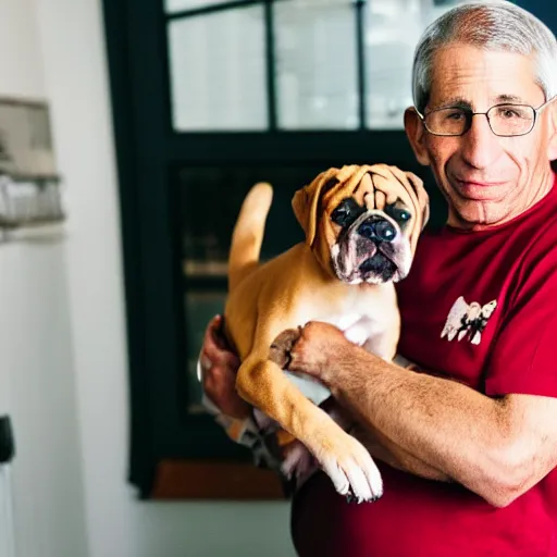 Prompt: 50mm photo, Anthony Fauci holding a boxer puppy