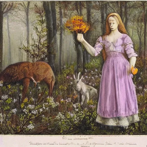 Prompt: random, intuitive by leticia gillett, by jozsef rippl - ronai light violet. a experimental art of a vasilisa standing in the forest, surrounded by animals. she is holding a basket of flowers in one hand & a spindle in the other. gentle expression. in the background, the forest is dark & mysterious.