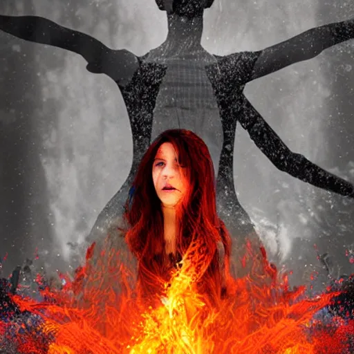Image similar to a woman on fire, city, giant, award winning, photo manipulation, collage