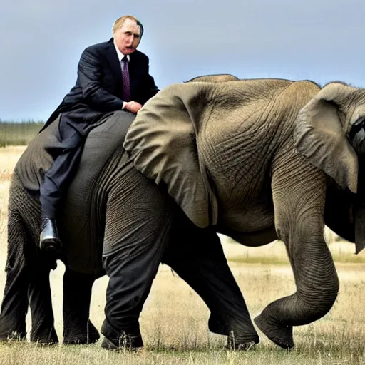 Prompt: Putin rides an elephant into epic battle against nuclear background