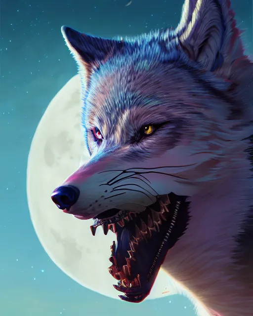 Image similar to highly detailed surreal vfx portrait of a metallic chromatic samurai wolf in front of a full moon, stephen bliss, unreal engine, greg rutkowski, loish, rhads, beeple, makoto shinkai and lois van baarle, ilya kuvshinov, rossdraws, tom bagshaw, alphonse mucha, global illumination, detailed and intricate environment