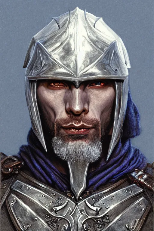 Prompt: half length portrait of an eldrich knight, drow, dark elf, shadar kai, breastplate, magical, male, high fantasy, d & d, by donato giancola, face details, extremely detailed, digital illustration