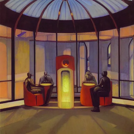 Prompt: three brutalist robotic seers watchers oracles soothsayers inside a retractable dome, pj crook, grant wood, edward hopper, syd mead, oil on canvas