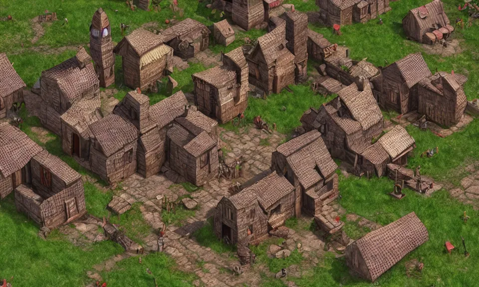 Prompt: Isometric 3D model of a medieval village, highly detailed, Unreal Engine, Blender, 4K