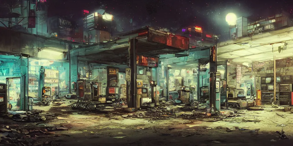 Prompt: a derelict cyberpunk gas station at night in the middle of a dystopian wasteland during an underpants shortage