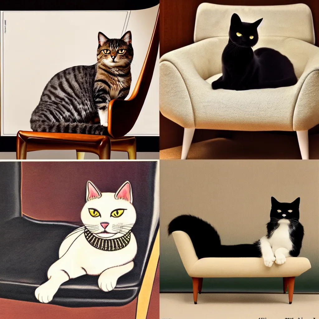 Prompt: A luxury advertisement of a cat loafing on a midcentury modern chair. Highly detailed.