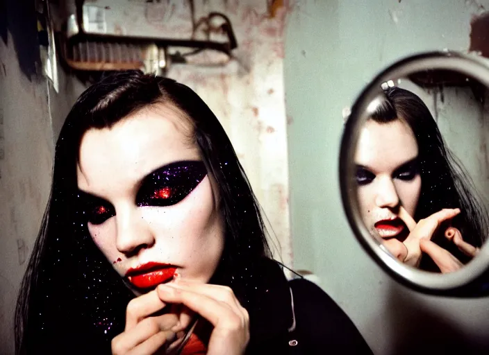 Prompt: cinestill 5 0 d candid photographic portrait by quentin tarantino of a beautiful feminine man wearing black techwear skirt and glitter makeup looking in a broken bathroom mirror, cramped new york apartment, medium shot, retrofuturism cyberpunk cinematic, 8 k, hd, high resolution, 3 5 mm, f / 3 2, ultra realistic faces, clockwork orange