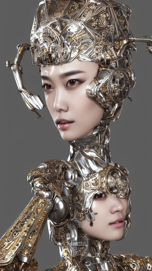 Image similar to korean female model face with silver mechanical exoskeleton body made of carbon fibre, ornate patterns and details, dynamic pose, mechanical part, glowing components, gold trimmings, bust, hyperdetailed, octane render, kpop