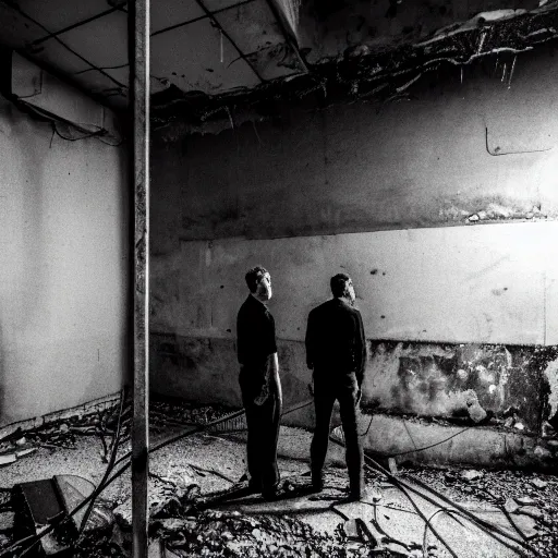 Image similar to two men in black, looking at a black hole in the dark grimy grungy basement of an abandoned apartment block, wires, cables, grainy black and white photography, 5 0 mm lens