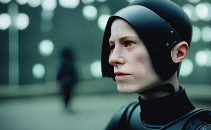 Image similar to cinestill 5 0 d candid photographic portrait by helen levitt of a feminine male android wearing black techwear on a brutalist dystopian spaceship, medium closeup, modern cyberpunk moody emotional love cinematic, garden terraces solar storm, 8 k, hd, high resolution, 3 5 mm, f / 3 2, ultra realistic faces, ex machina