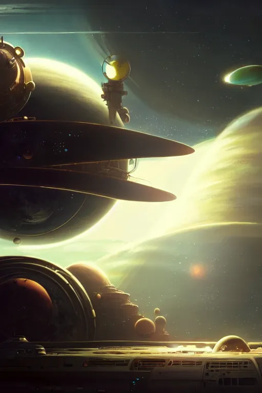 Image similar to steampunk spaceship infront of a planet, exquisite details, denoised, mid view, by karl kopinski, artsation, greg rutkowski, makoto shinkai, takashi takeuchi, studio ghibli