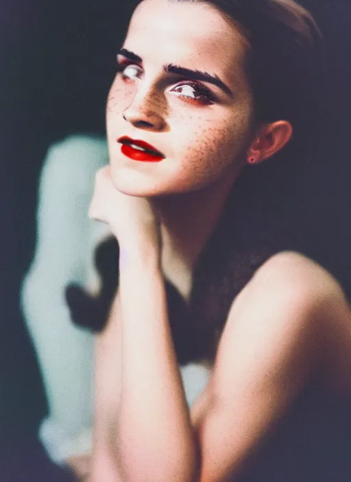 Prompt: Retro color photography 1930s portrait of Emma Watson Cinestill 800T, 1/2 pro mist filter, and 65mm 1.5x anamorphic lens