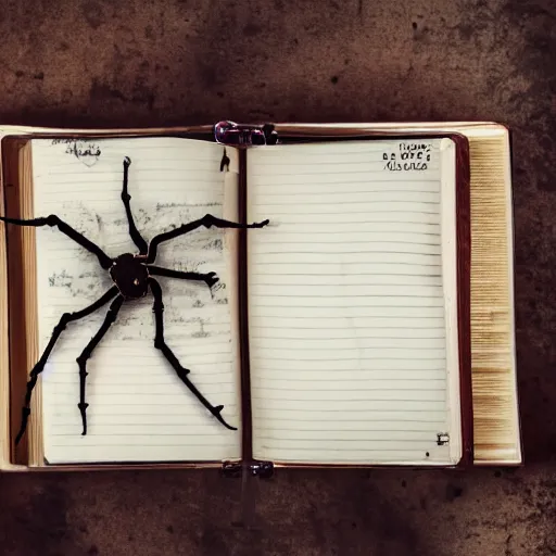 Image similar to a photo of hand skeleton above a dusty diary book, cover with spider web, rusty and old table