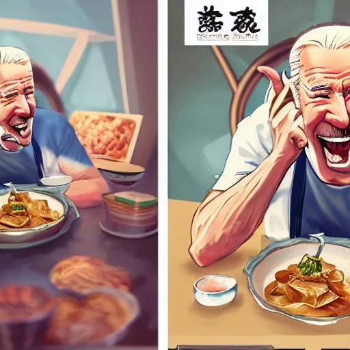 Image similar to happy biden eats dumplings, concept art, trending on artstation, highly detailed, intricate, sharp focus, digital art, 8 k