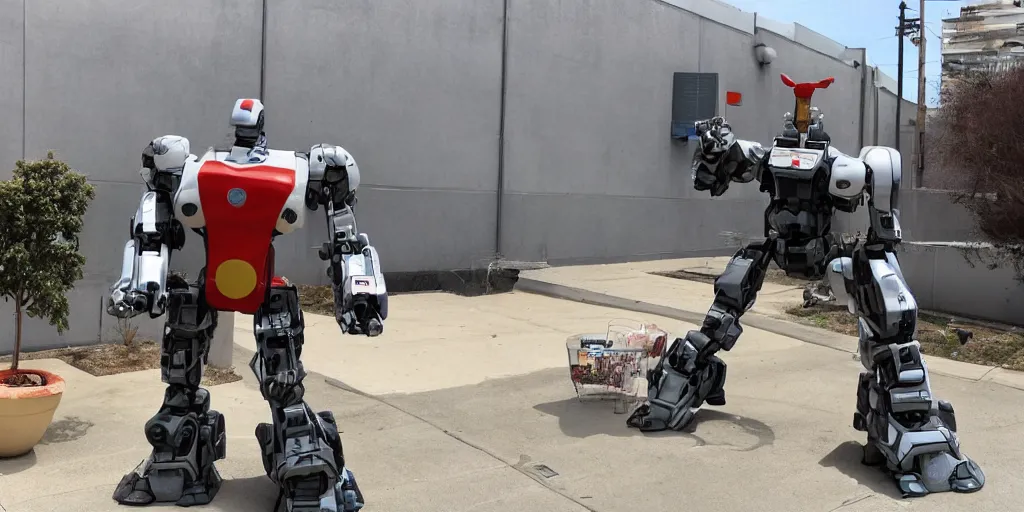 Prompt: a clear photo of a giant robot cat using los angles as as litter box