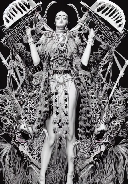 Image similar to Horizon zero dawn kali durga editorial by Wayne Barlowe designed by alexander mcqueen painted by caravaggio and by virgil finlay