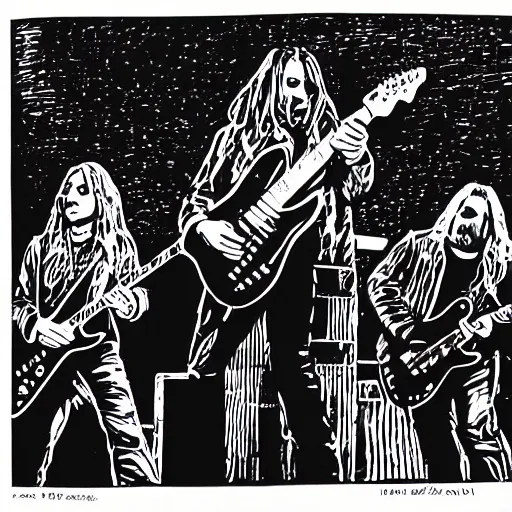 Image similar to a linocut engraving of black sabbath playing a concert