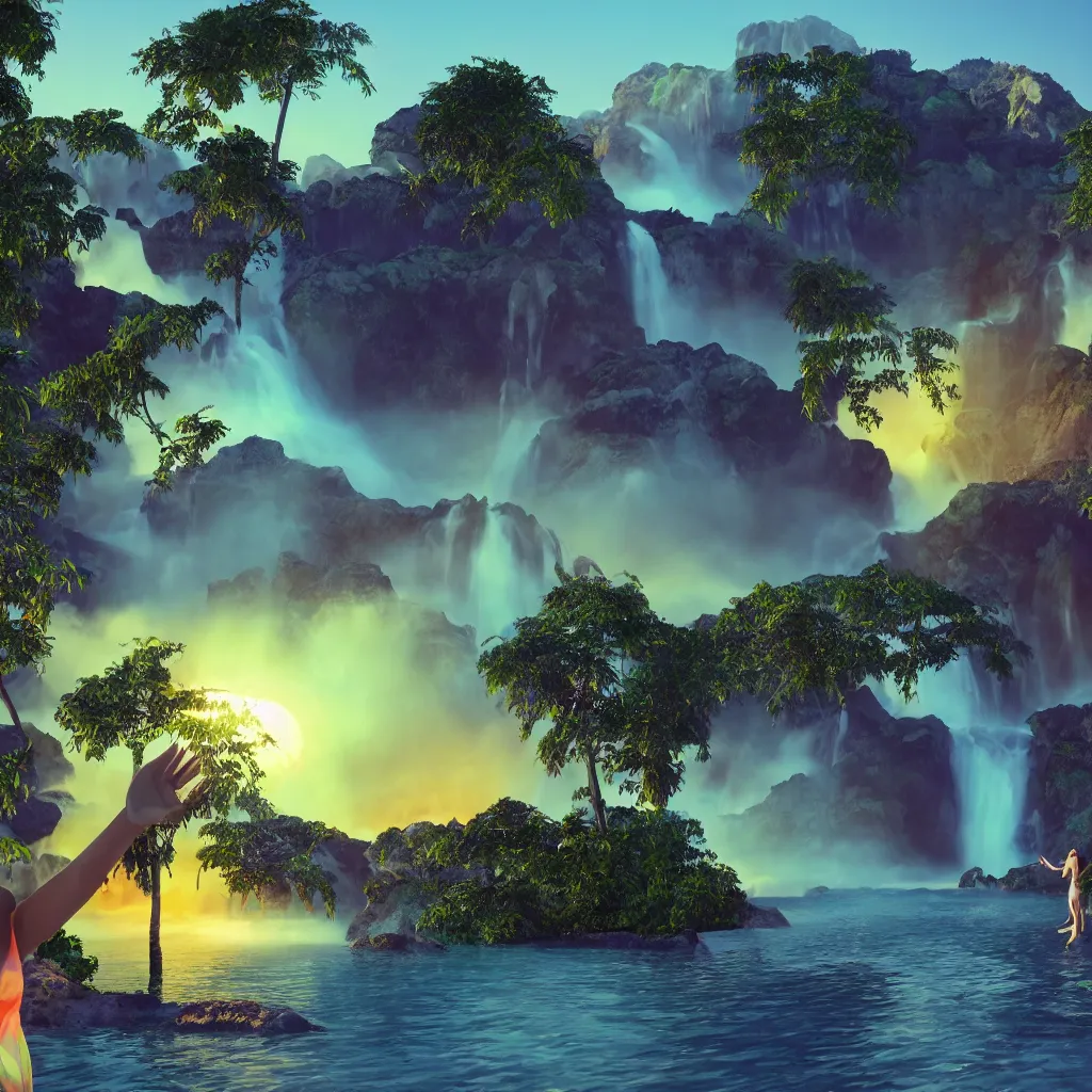 Image similar to a low-poly render of a big purple hand holding the orange setting sun on the ocean horizon. a green tinted transparent beckoning lady in front of a waterfall. a cream colored abandoned building featuring two statues and pitch black periphery. a prehistoric jungle scene with a mountain in the background.