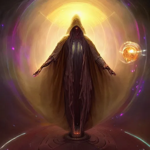 Image similar to the creator of worlds wearing a cloak and holding a holographic planet projection in his hand, detailed, sci - fi, digital painting, artstation, sharp focus, illustration, ominous, artgerm, tomasz alen kopera, peter mohrbacher, donato giancola, joseph christian leyendecker, wlop, frank frazetta