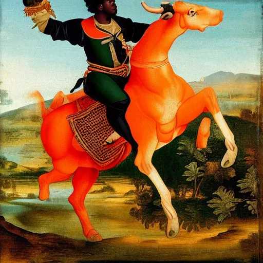 Image similar to photograph of a black man with afro hair wearing an army green adidas jacket riding an orange colored bull!!, renaissance style painting