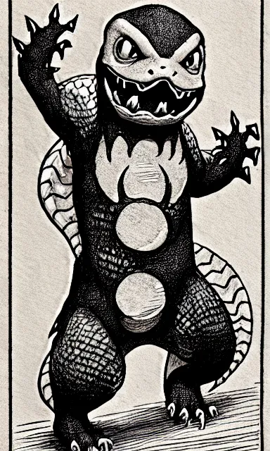 Image similar to charmander as a d & d monster, full body, pen - and - ink illustration, etching, by russ nicholson, david a trampier, larry elmore, 1 9 8 1, hq scan, intricate details, stylized border