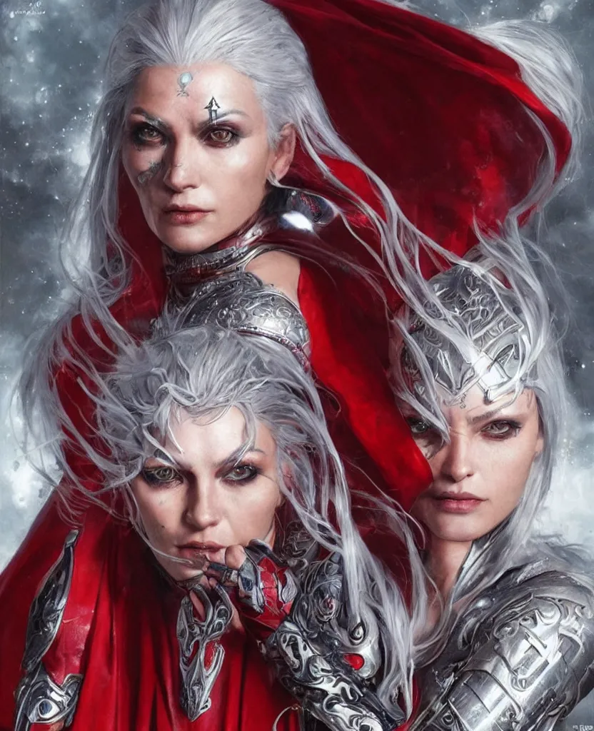 Prompt: a woman with silver hair, mystical symbols tattooed on her face, dressed in a flowing red cape and a futuristic armour, character design, highly detailed, by gabriele dell'otto and greg rutkowski