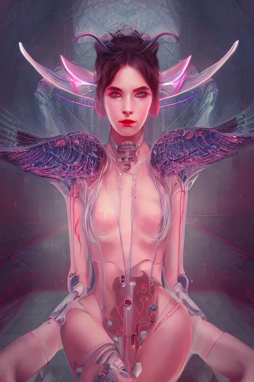 Image similar to portrait futuristic Devil Girl with horns and wings, in future cyberpunk tokyo rooftop , ssci-fi, fantasy, intricate, very very beautiful, elegant, human anatomy, neon light, highly detailed, digital painting, artstation, concept art, smooth, sharp focus, illustration, art by tian zi and WLOP and alphonse mucha