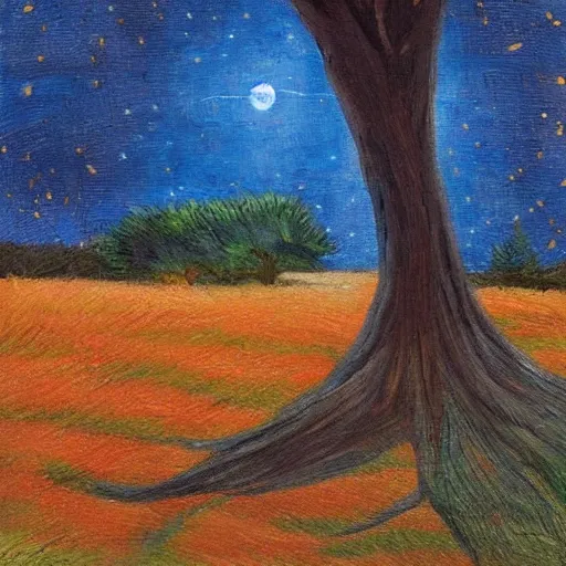 Image similar to This painting has such a feeling of peace and serenity. The tree is so still and calm, despite the wind blowing around it. The moonlight casts a soft glow over everything and the starts seem to be winking at you... in the style of the Little Prince