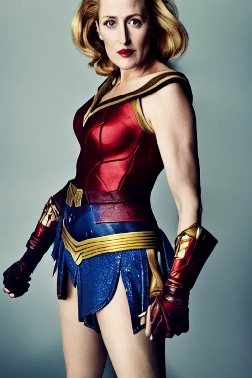 Prompt: photo of a beautiful badass 40-year-old Gillian Anderson dressed as wonder woman (2020) by Mario Testino and stanley lau, detailed, award winning, Sony a7R, trending on artstation