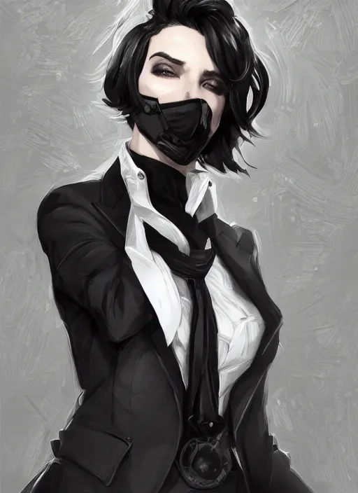 Image similar to a highly detailed illustration of beautiful short black messy haired woman wearing eyepatch!!!!!!!!!!!! and noir style suit and tie, dramatic smiling pose, intricate, elegant, highly detailed, centered, digital painting, artstation, concept art, smooth, sharp focus, league of legends concept art, WLOP