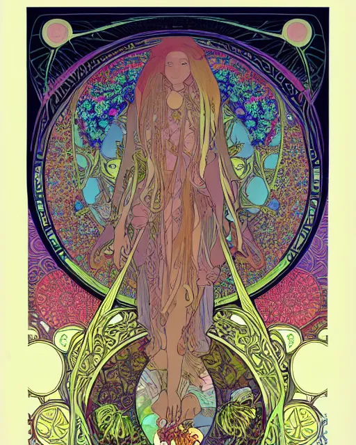 Image similar to psychedelic exotic flowers on a mysterious fantasy planet by Alphonse Mucha, Moebius, hiroshi yoshida, Art Nouveau, colorful, ultradetailed, vivid colour, 3d