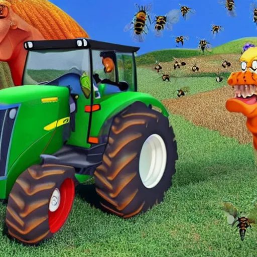 Image similar to high - quality of steve martin driving a tractor, being chased by barney the dinosaur and a swarm of bees, 4 k