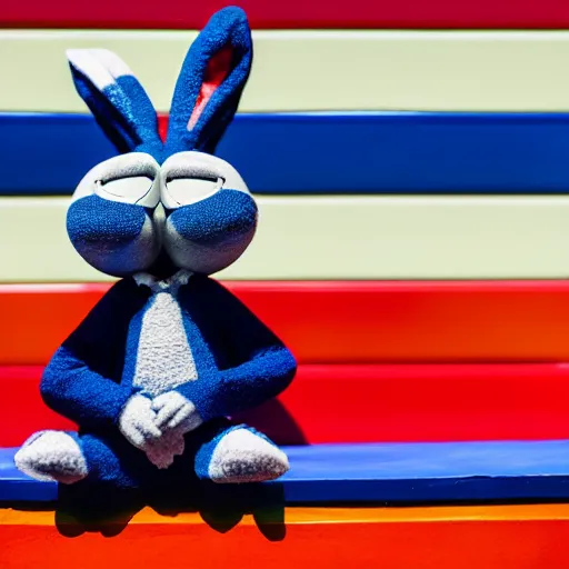 Prompt: photo of a bugs bunny toy sitting infront of a red wall with blue stripes.