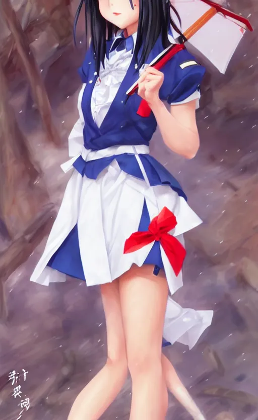 Image similar to Kagome higurashi in seifuku uniform. By Konstantin Razumov, highly detailded