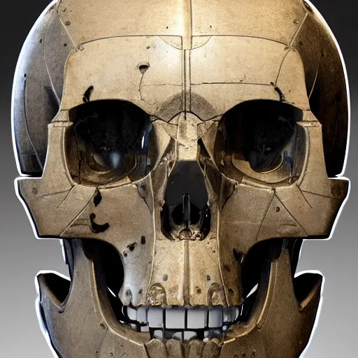 Image similar to a destroyed skull of a robot, made with scuffed brushed metal, missing parts, wires, on display, on a museum pedestal, redshift render, by Victor Hugo, greeble