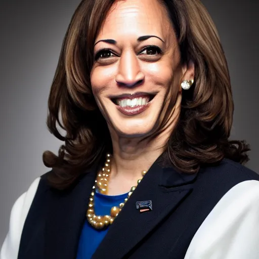 Prompt: kamala harris portrait photo, alternate reality gang prison tattoo face, gold teeth