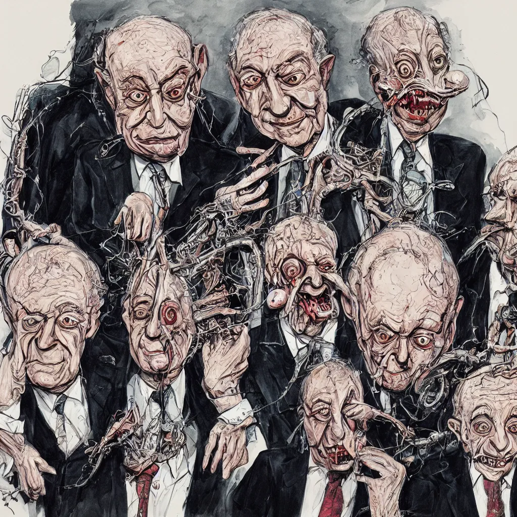 Image similar to Jacob Rothschild and george soros by Ralph Steadman, illustration, body horror, biopunk, 8k , trending on artstation