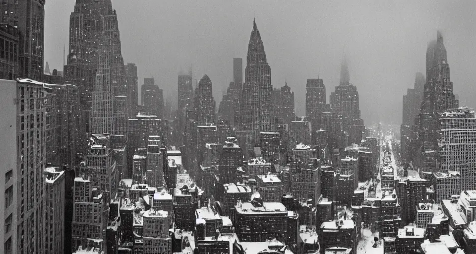 Image similar to image of new york in the winter, black and white photograph by andre kertesz