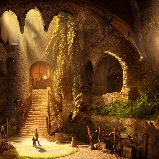 Image similar to the dark tower - the hobbit - j. r. r. tolkien - a medieval village in switzerland, ornate, beautiful, atmosphere, vibe, flowers, concept art illustration, greg rutowski, volumetric lighting, sunbeams, particles