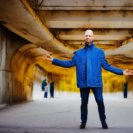 Prompt: balded man with a yellow trenchcoat dance under a bridge, vibrant colors, photography