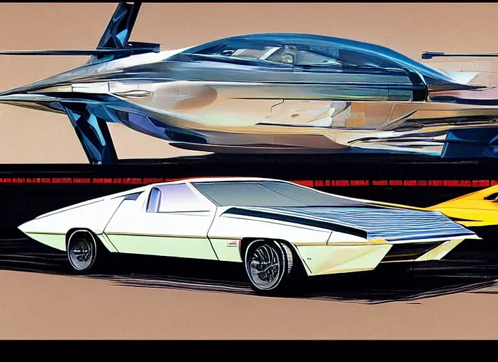 Prompt: syd mead concept art, raplh mcquarrie. kitt 1 9 8 2 pontiac trans am, mach 5 speed racer. style blade runner 2 0 4 9, retro, retro futurist. concept art by syd mead and star wars