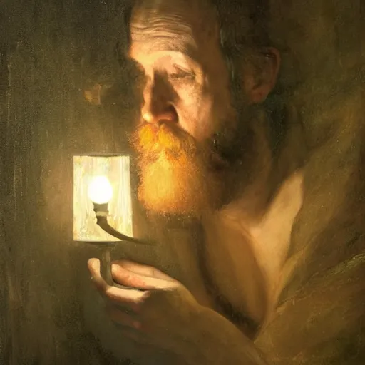 Prompt: detailed and oil painting, hyper realistic | cinematic lighting, award - winning | the robed hermit leans with his lamp upon the abyss of the dark well in the misty forest | by henry fuseli, by gustav klimt, by william waterhouse and tom bagshaw | trending on artstation, cgsociety, official art, octane.