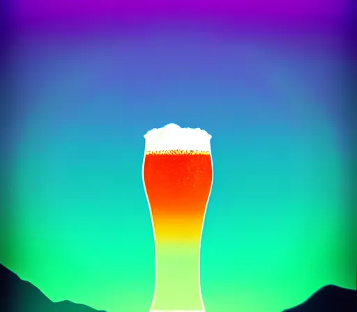 Prompt: a beautiful and immaculate balanced vaporwave ombre scene depicting pint glass of beer, seattle, and the outrun style space needle. trending on artstation. recommended for you behance. double exposure.