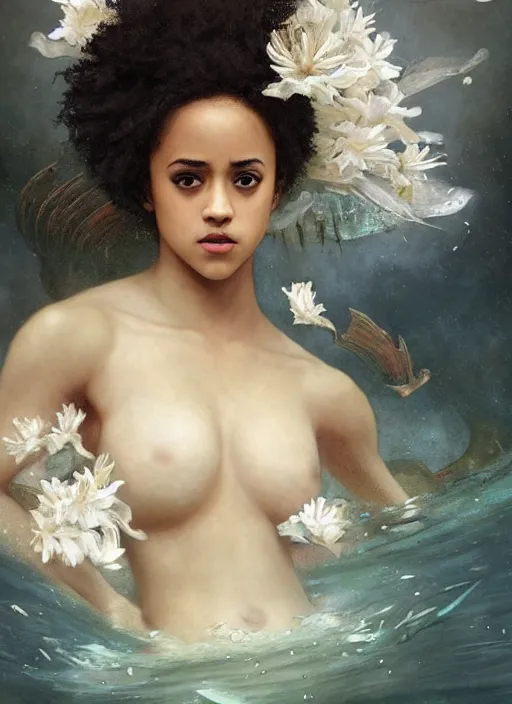 Prompt: dramatic upper body portrait of Nathalie Emmanuel as a dark-skinned la sirene Haitian mermaid goddess by Ruan Jia and Mandy Jurgens and Artgerm and william-adolphe bouguereau, underwater, white sheer fabric, white lilies, shells, mirrors, marvel comics, intricate, highly detailed, smooth, artstation, digital illustration by julie bell and Ruan Jia and Mandy Jurgens and Artgerm and William Adolphe Bouguereau and John Collier and Greg Rutkowski and Frank Frazetta