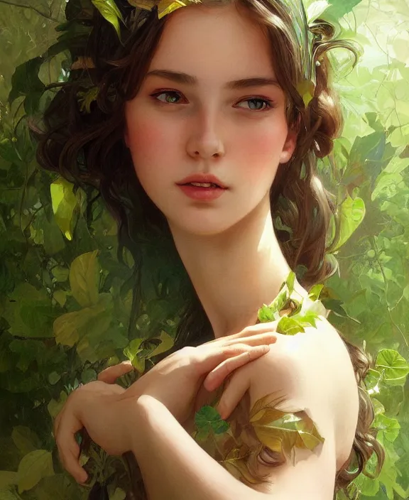 Image similar to teen girl in dress made of leaf, realistic portrait, highly detailed, digital painting, artstation, concept art, smooth, sharp focus, illustration, cinematic lighting, art by artgerm and greg rutkowski and alphonse mucha and boris vallejo and frank frazetta